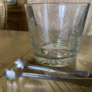 Ice Bucket + Tongs - Flower Etched Clear Glass Ice Bucket H5 3/4" x W6"  Heavy